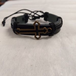 Men's black leather bracelet with gold metal cross one size draw string to fit